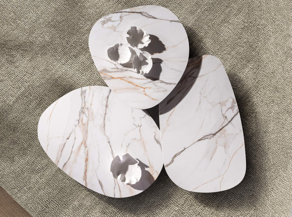 Organic-shaped living room coffee table in porcelain marble and walnut