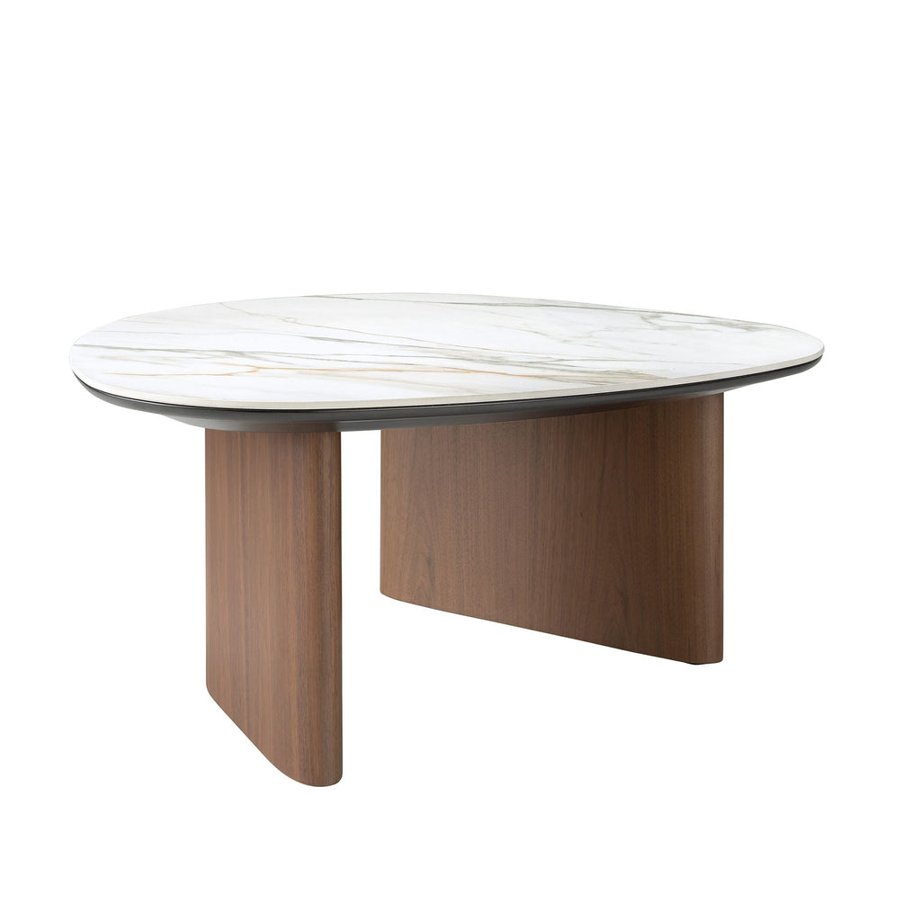 Organic-shaped living room coffee table in porcelain marble and walnut