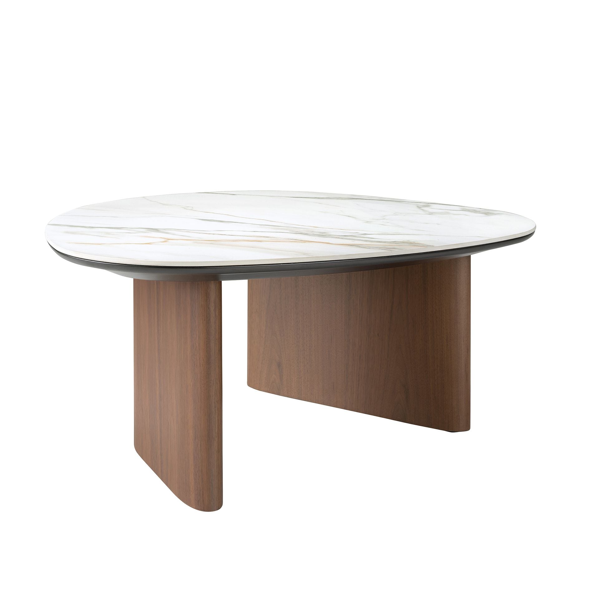 Organic-shaped living room coffee table in porcelain marble and walnut