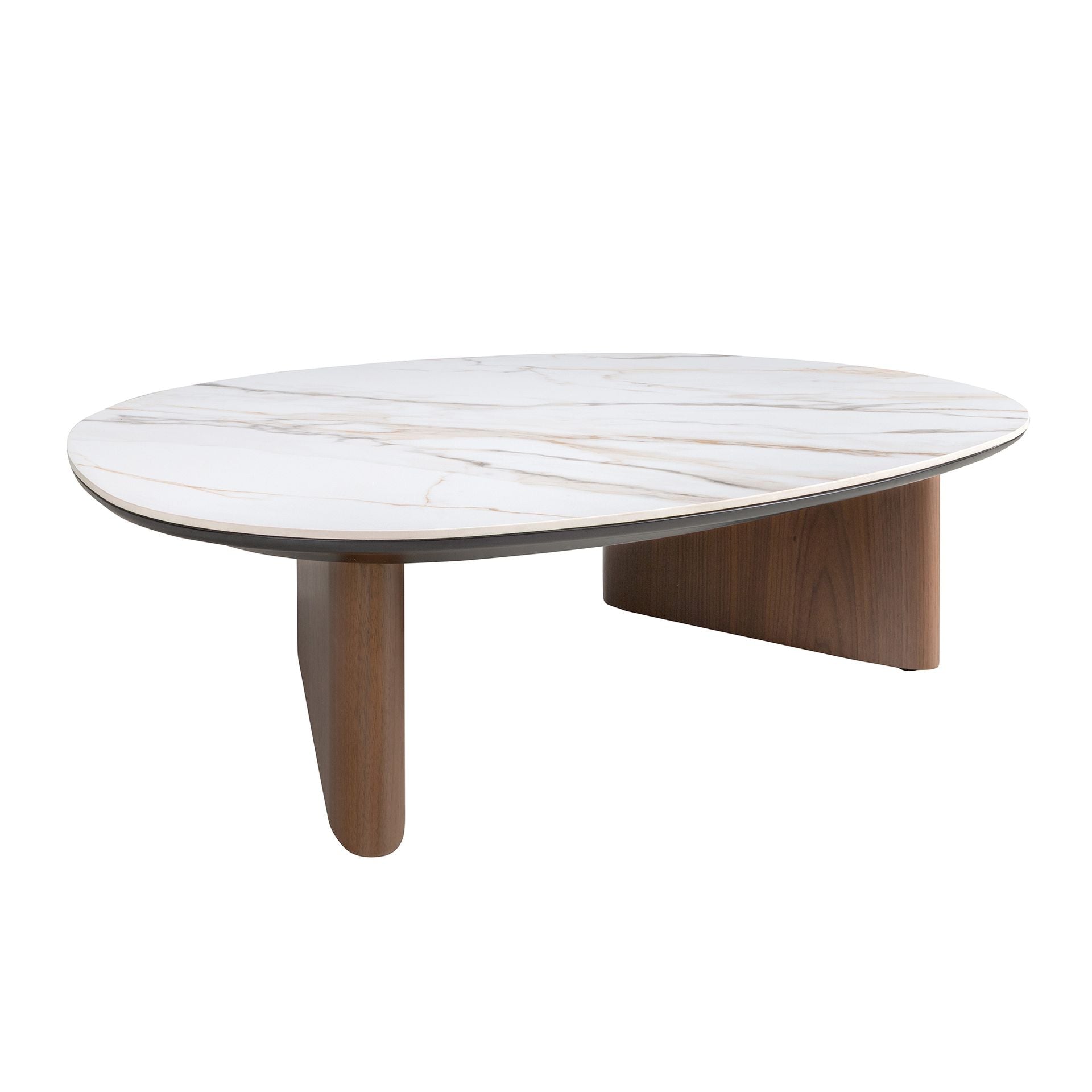 Organic Shaped Porcelain Marble and Walnut Coffee Table