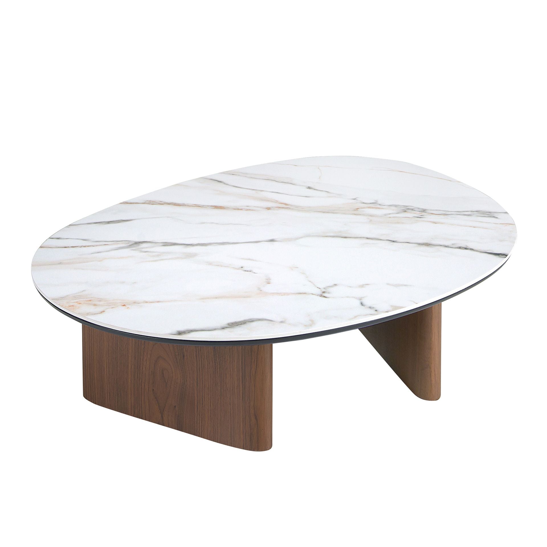 Organic Shaped Porcelain Marble and Walnut Coffee Table