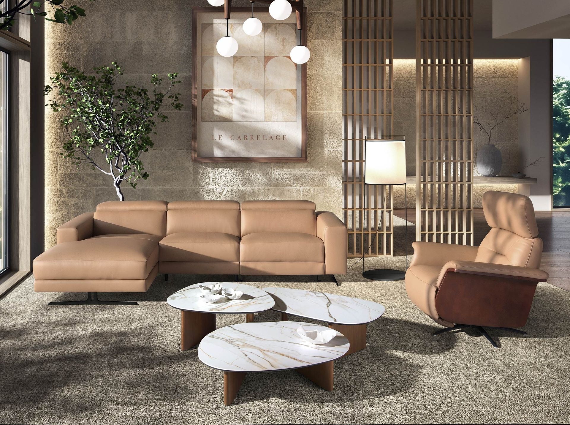 Organic Shaped Porcelain Marble and Walnut Coffee Table