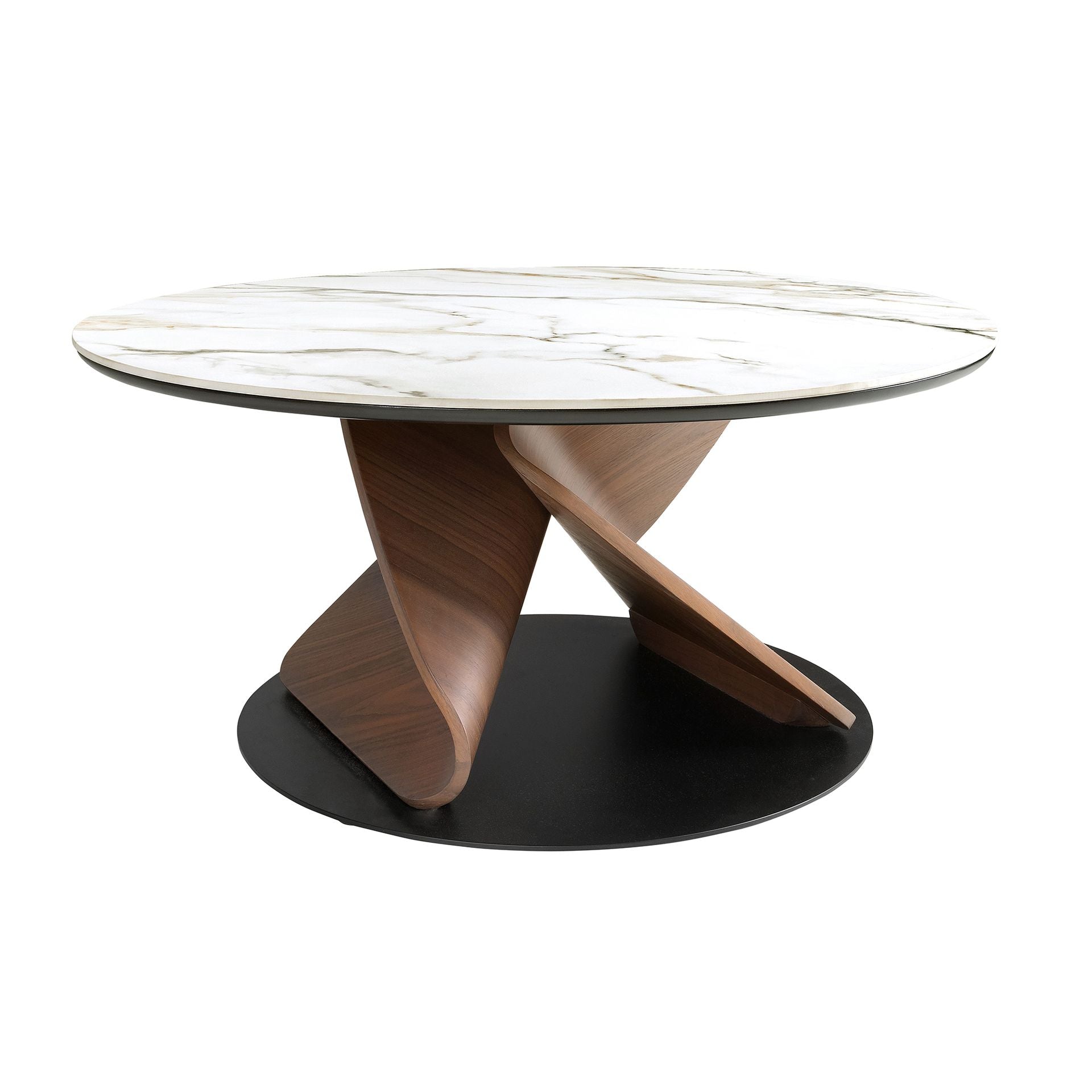 Round coffee table in porcelain stoneware marble, walnut and black steel