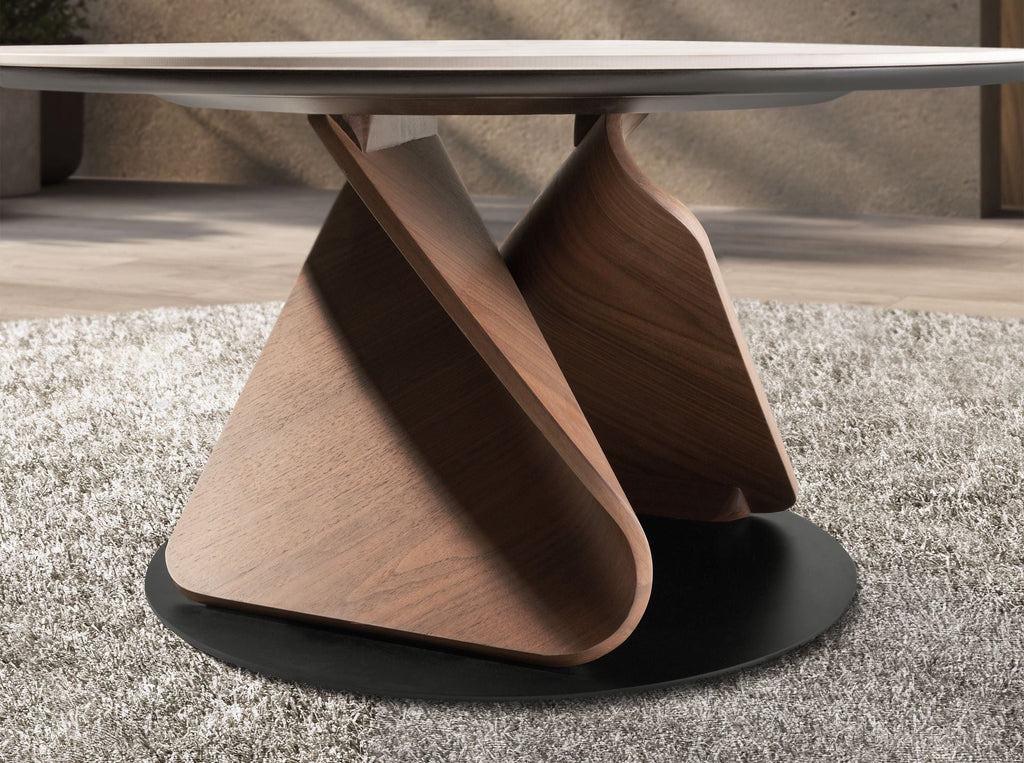 Round coffee table in porcelain stoneware marble, walnut and black steel