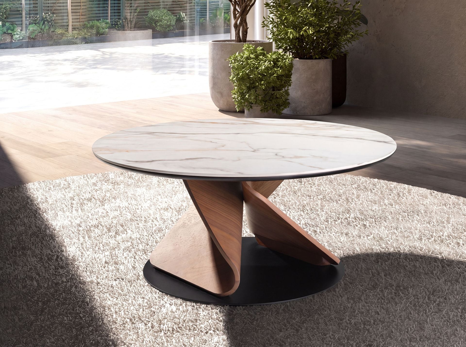 Round coffee table in porcelain stoneware marble, walnut and black steel