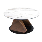 Round coffee table in porcelain stoneware marble, walnut and black steel