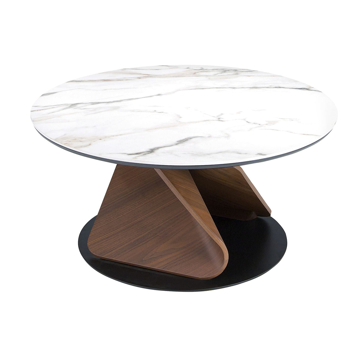 Round coffee table in porcelain stoneware marble, walnut and black steel