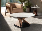 Round coffee table in porcelain stoneware marble, walnut and black steel
