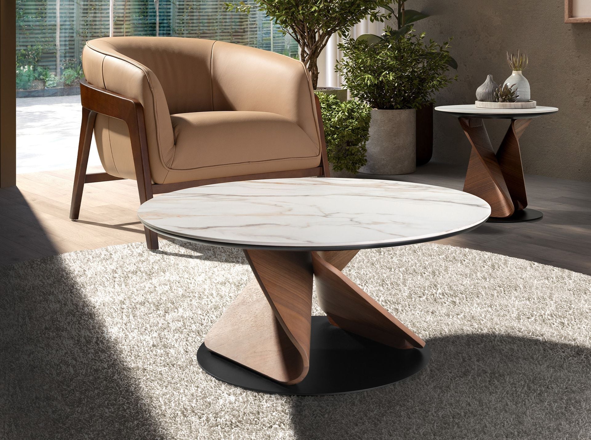 Round coffee table in porcelain stoneware marble, walnut and black steel
