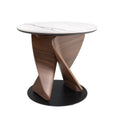 Round side table in porcelain stoneware, walnut and black steel