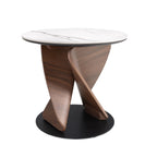 Round side table in porcelain stoneware, walnut and black steel