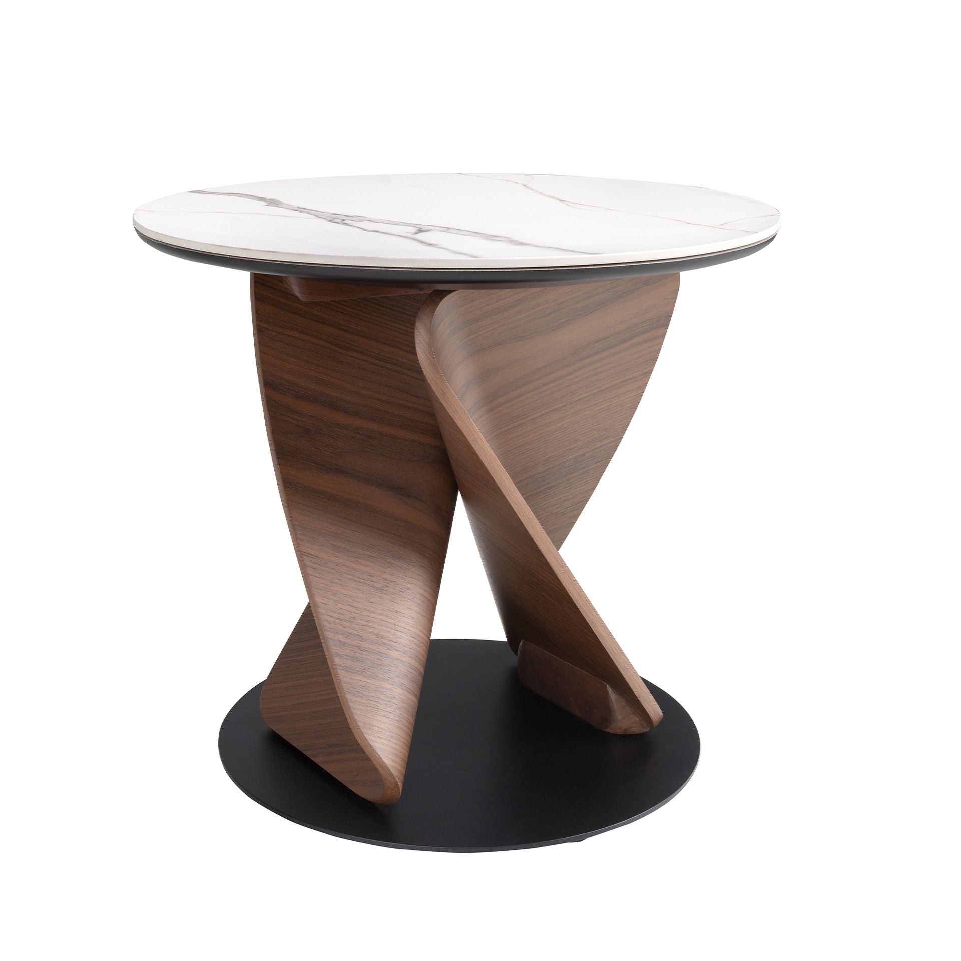 Round side table in porcelain stoneware, walnut and black steel