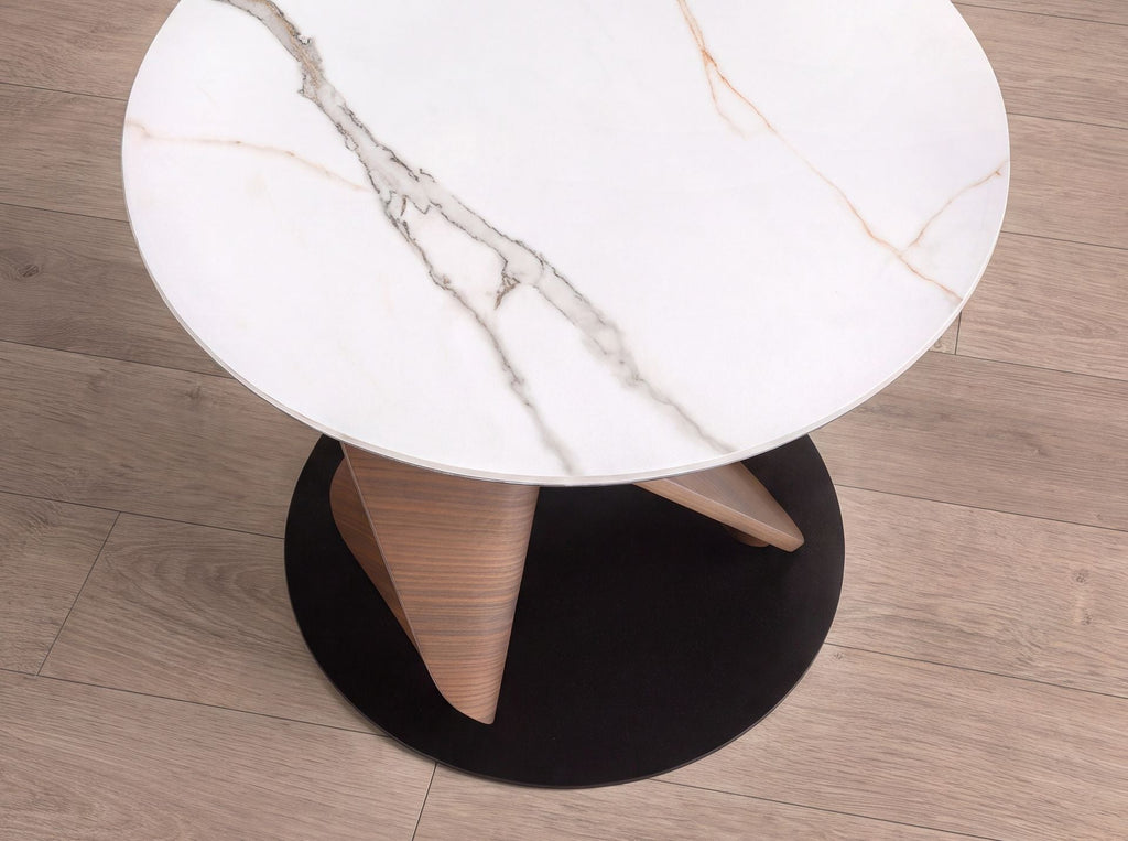 Round side table in porcelain stoneware, walnut and black steel