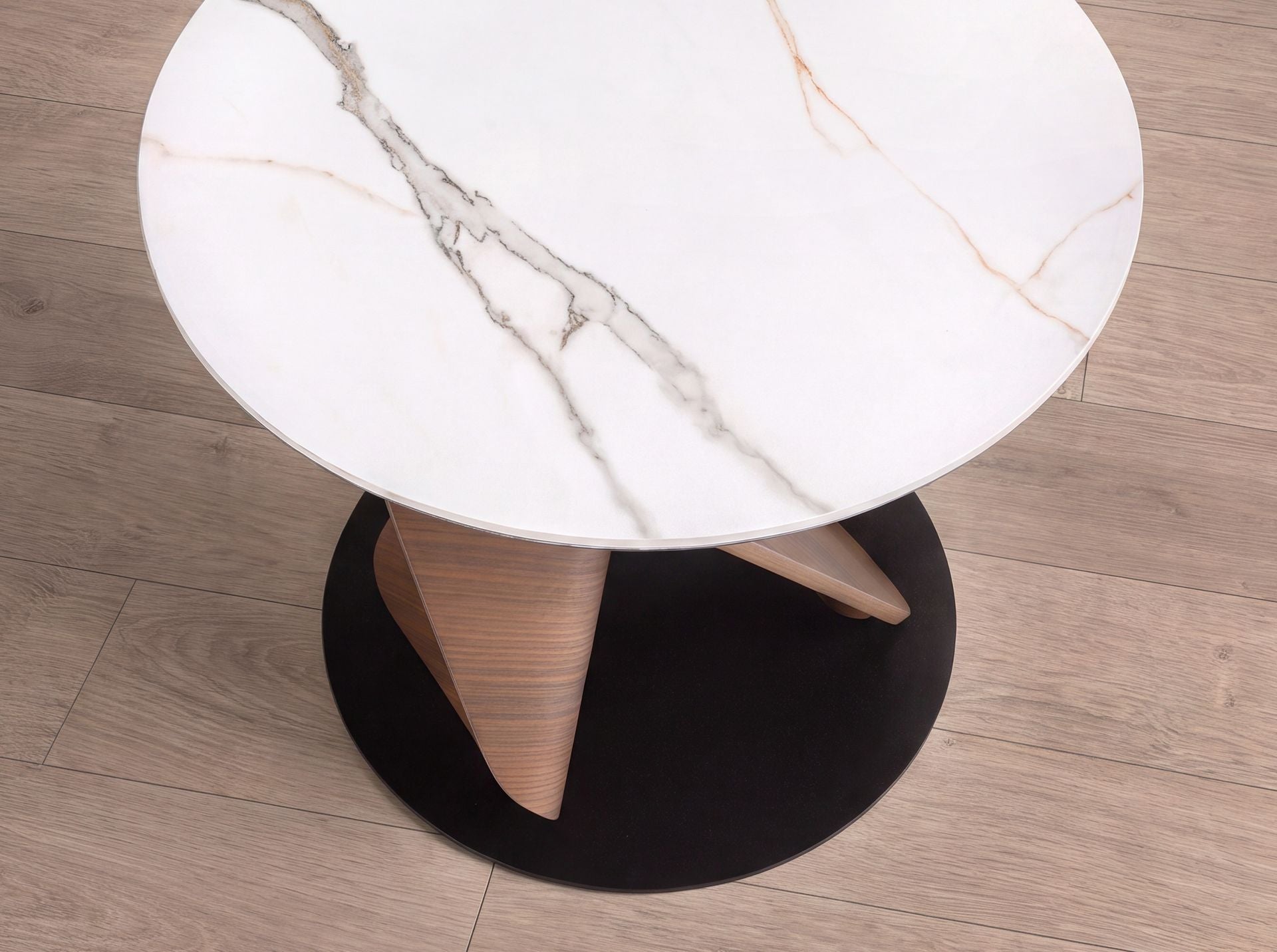 Round side table in porcelain stoneware, walnut and black steel