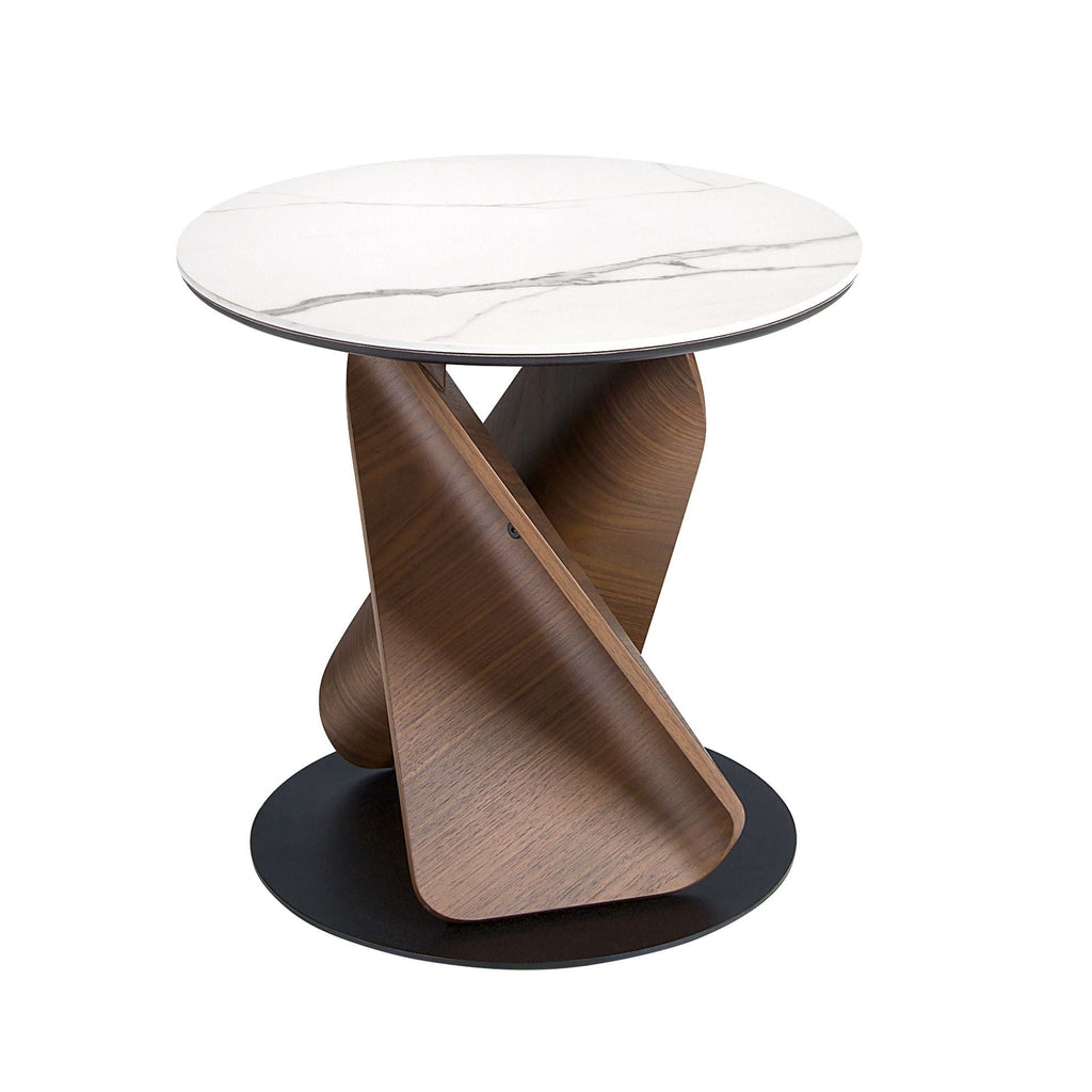 Round side table in porcelain stoneware, walnut and black steel