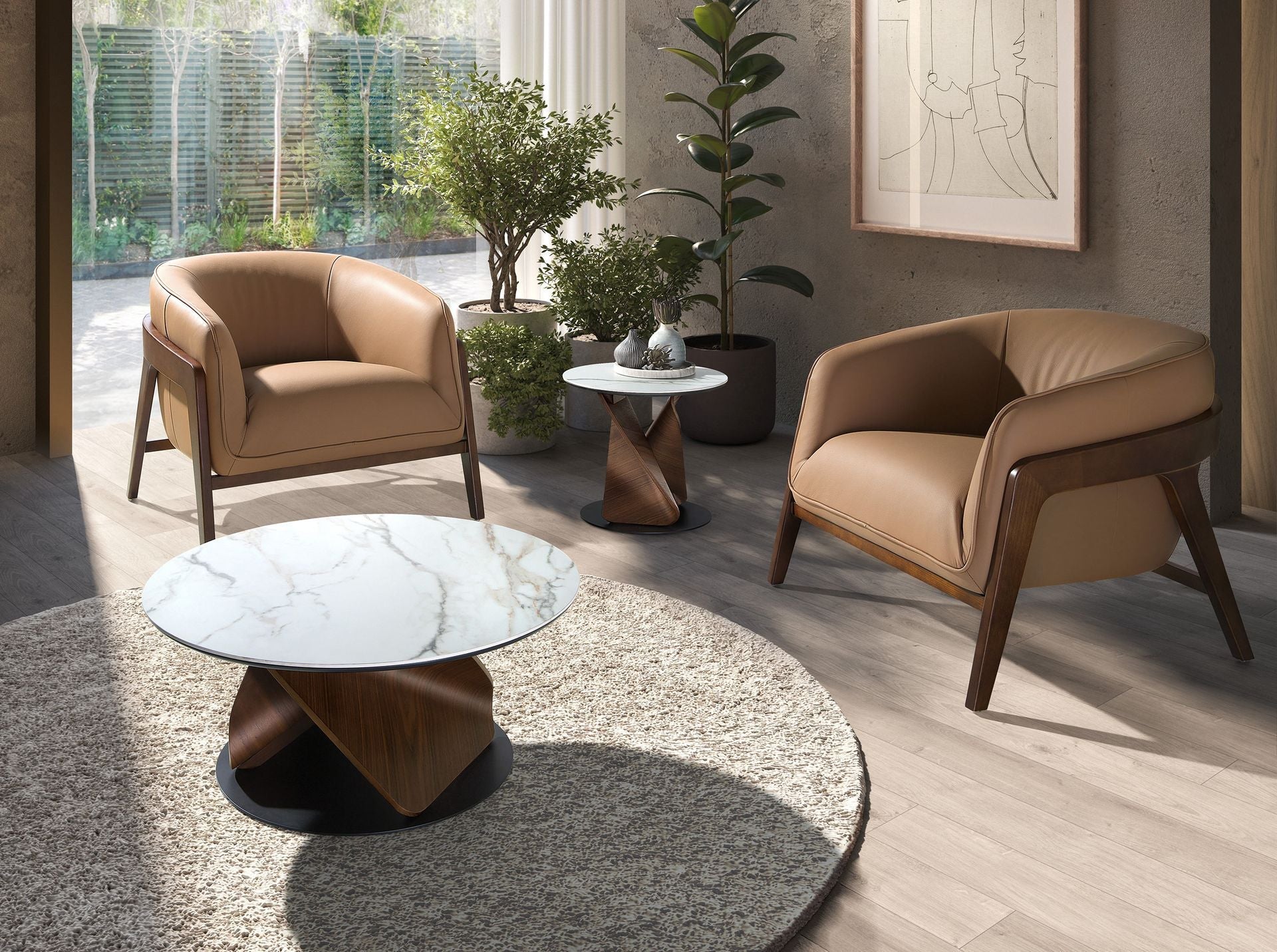 Round side table in porcelain stoneware, walnut and black steel