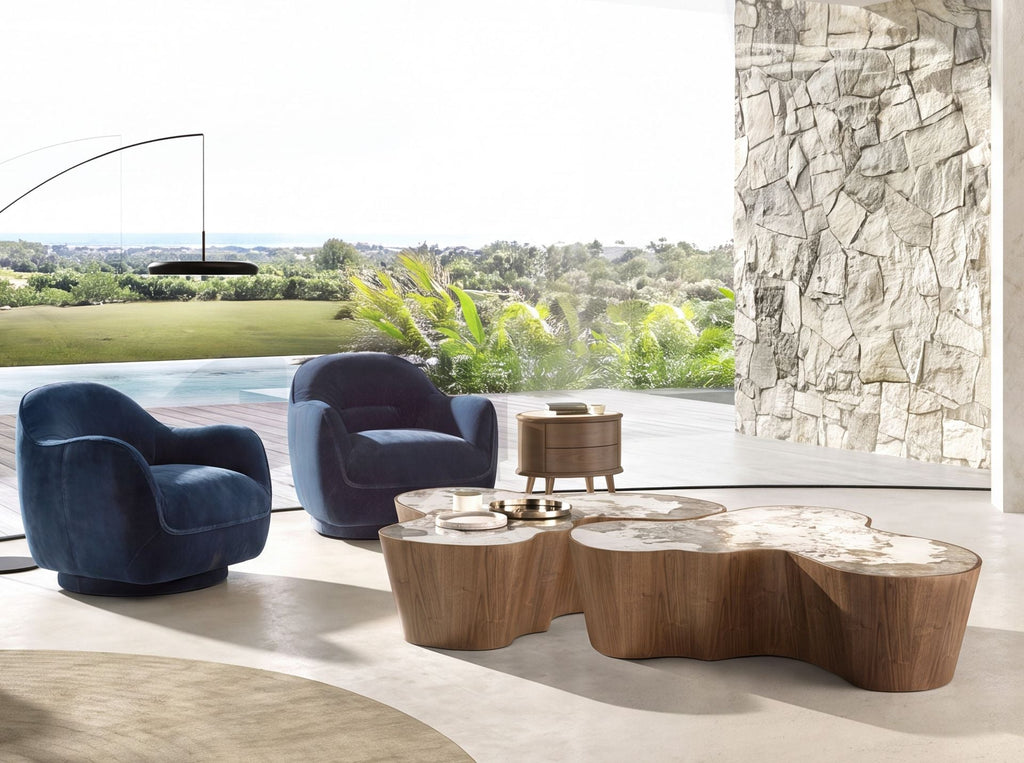 Organic Shaped Porcelain Marble and Walnut Coffee Table