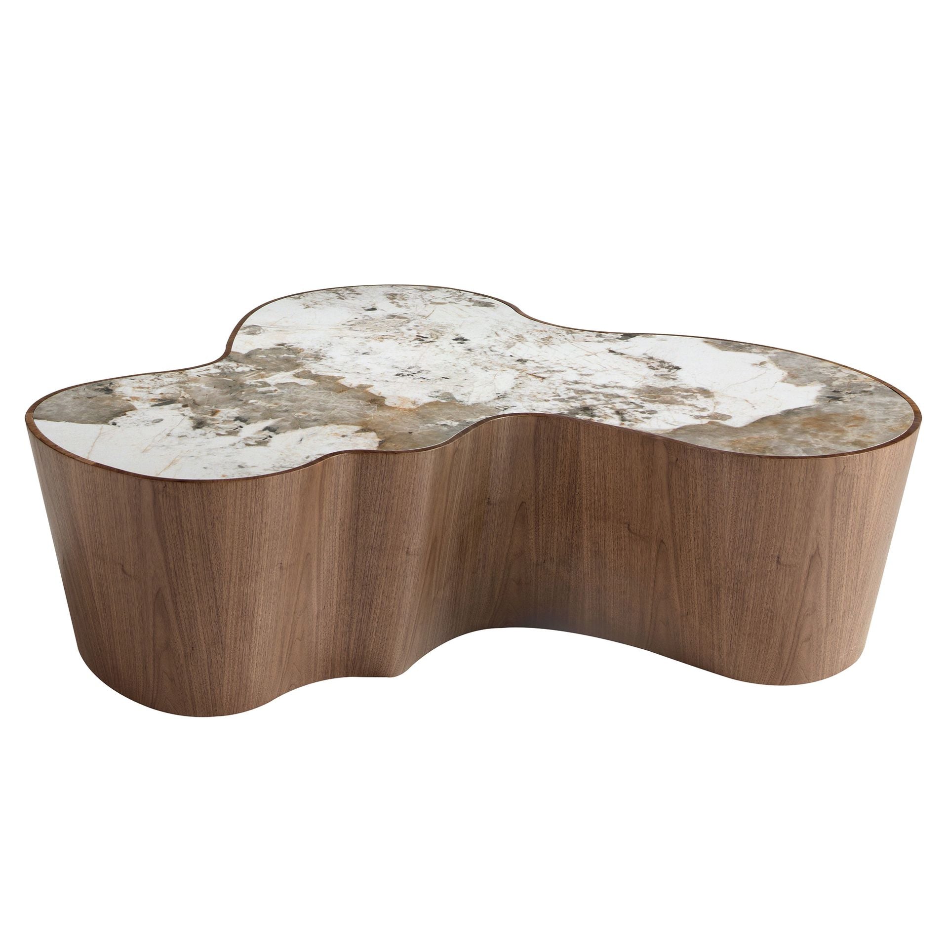 Organic Shaped Porcelain Marble and Walnut Coffee Table