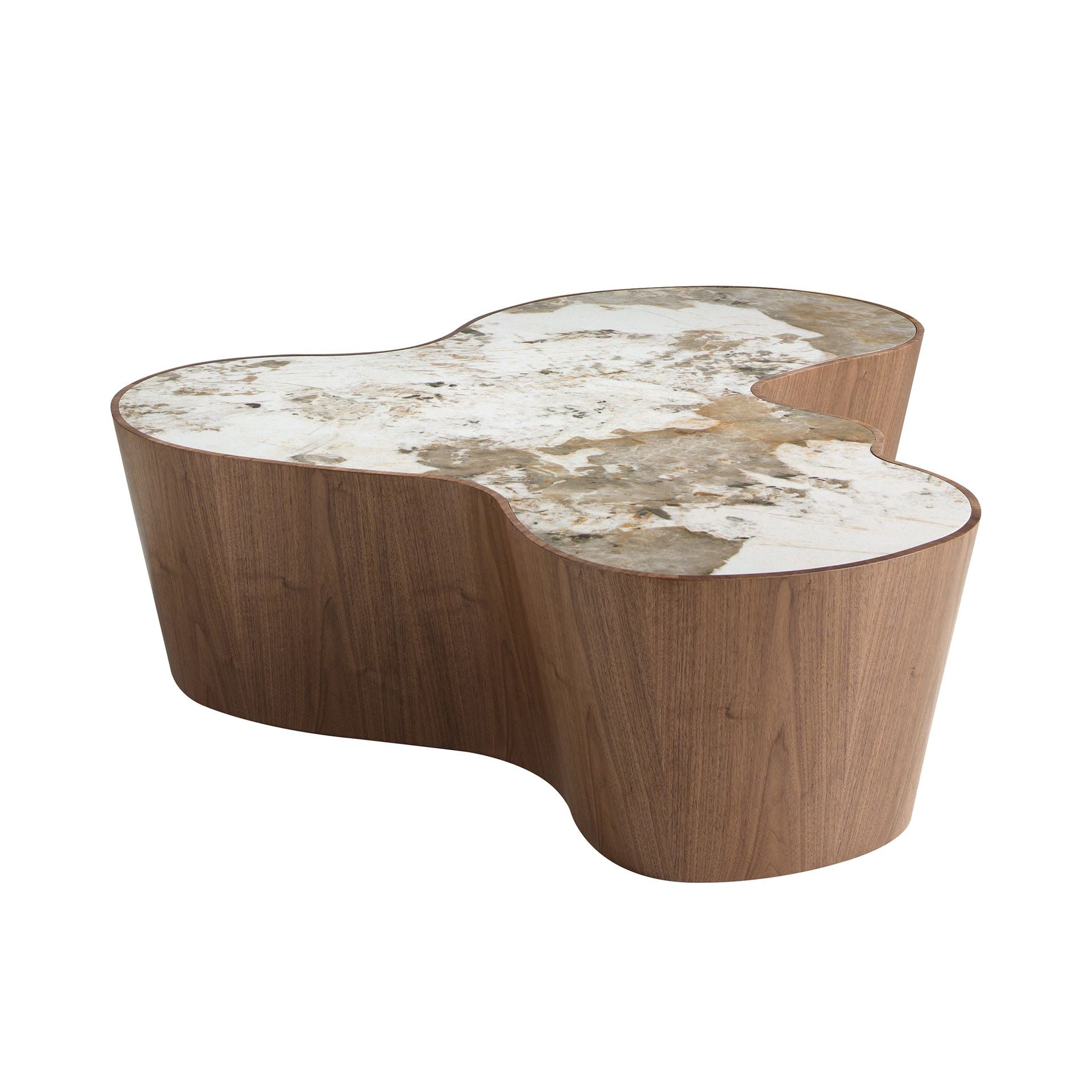 Organic Shaped Porcelain Marble and Walnut Coffee Table