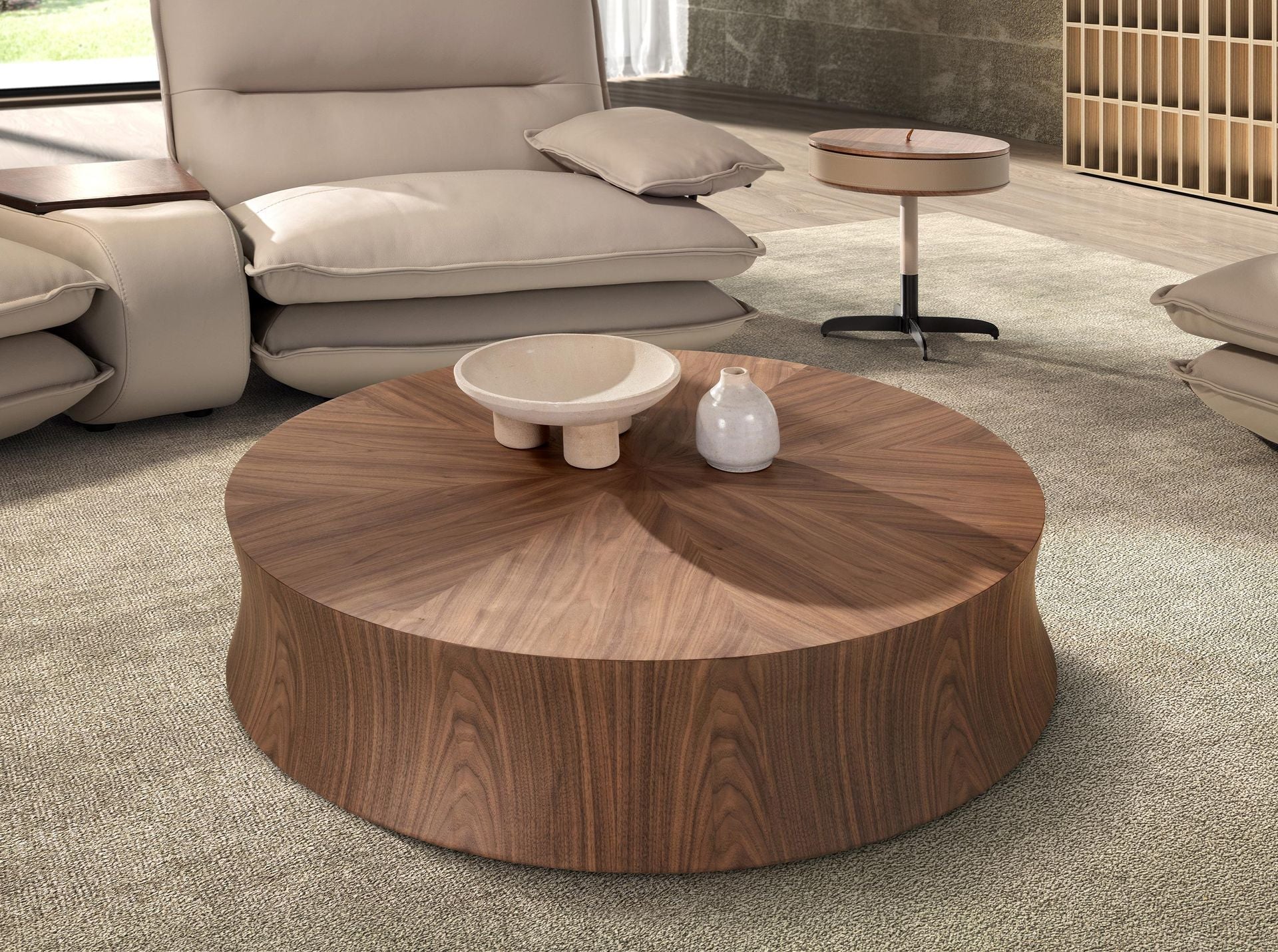Round walnut coffee table