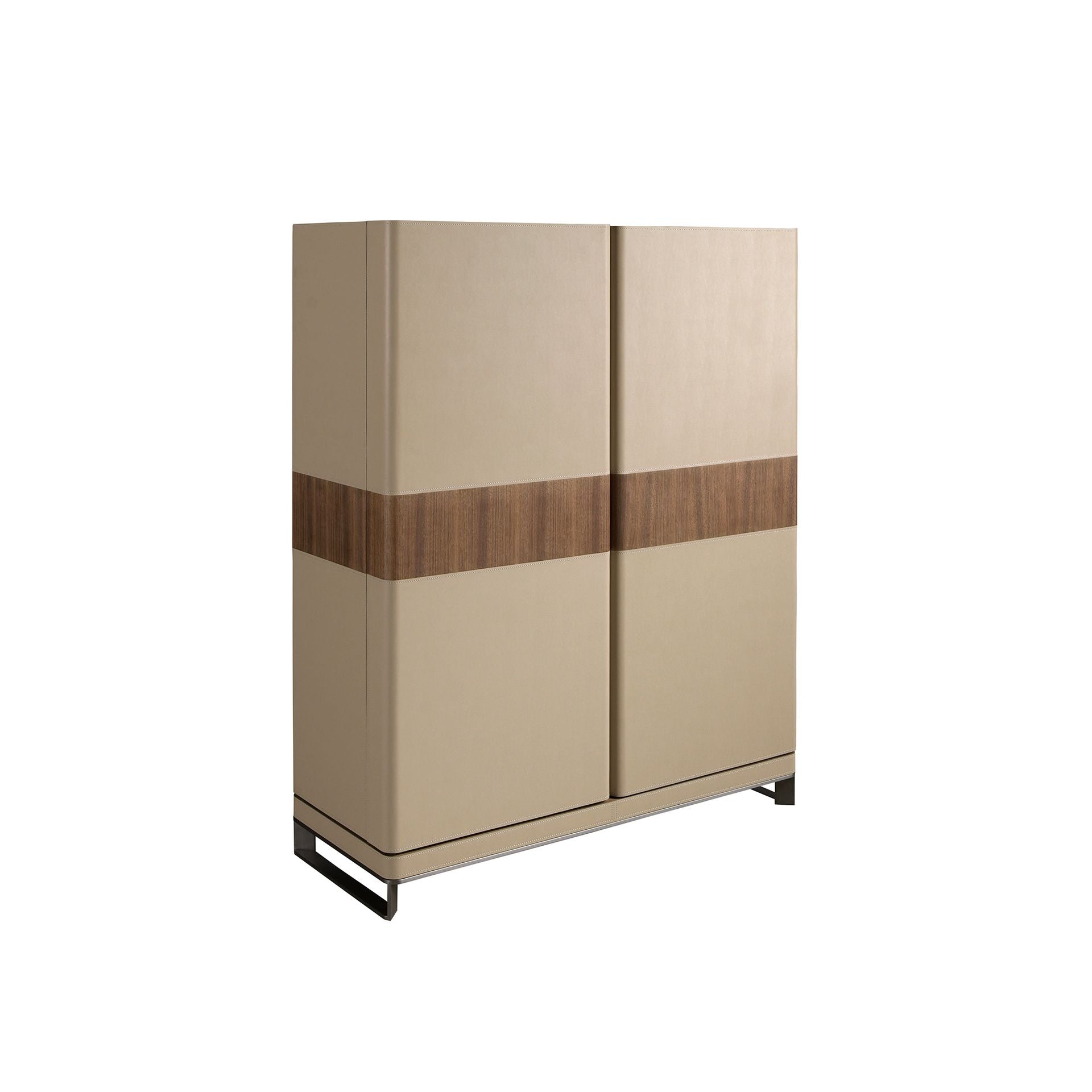 Highboard in faux leather, walnut and polished steel