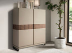Highboard in faux leather, walnut and polished steel