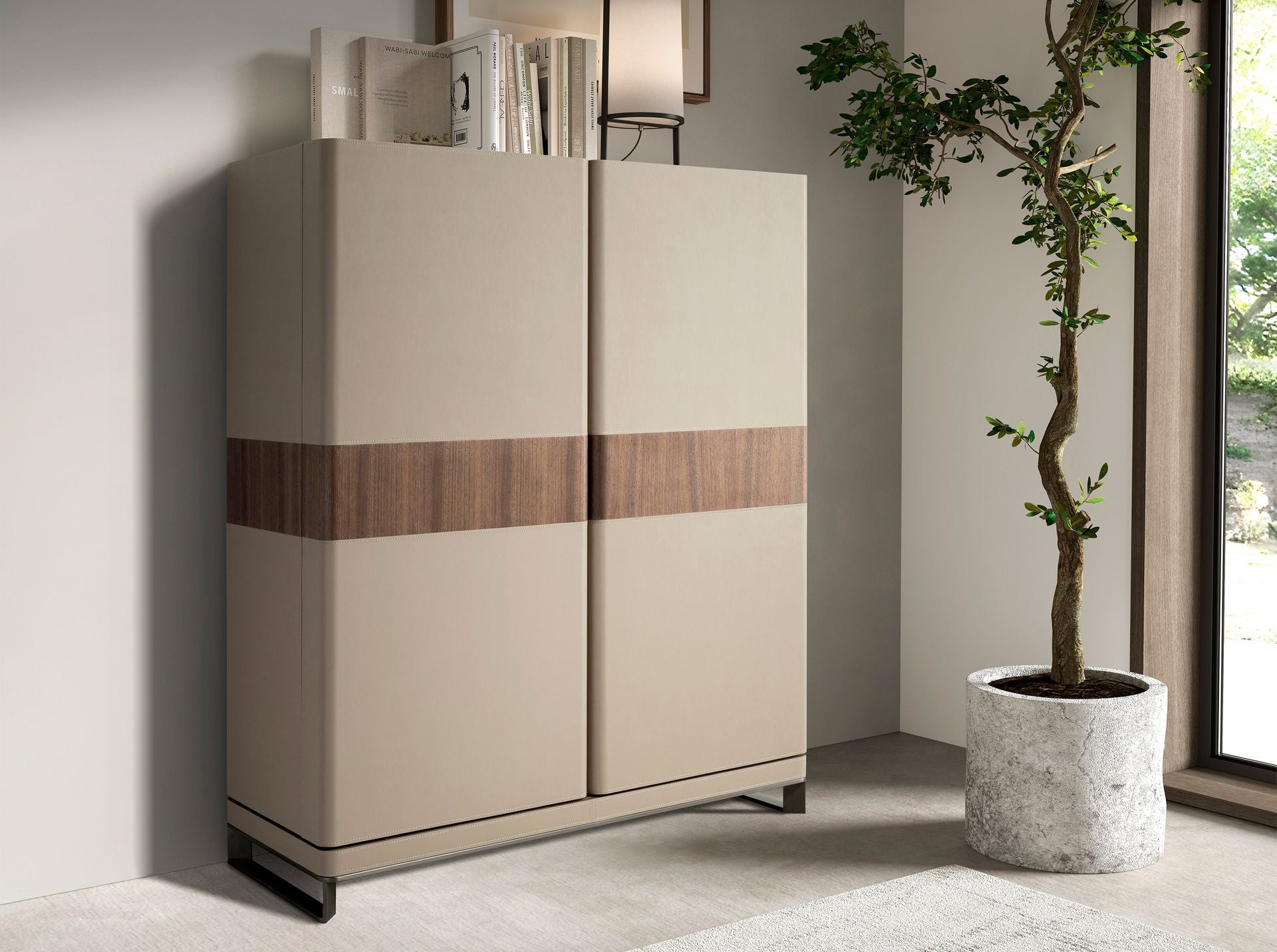 Highboard in faux leather, walnut and polished steel