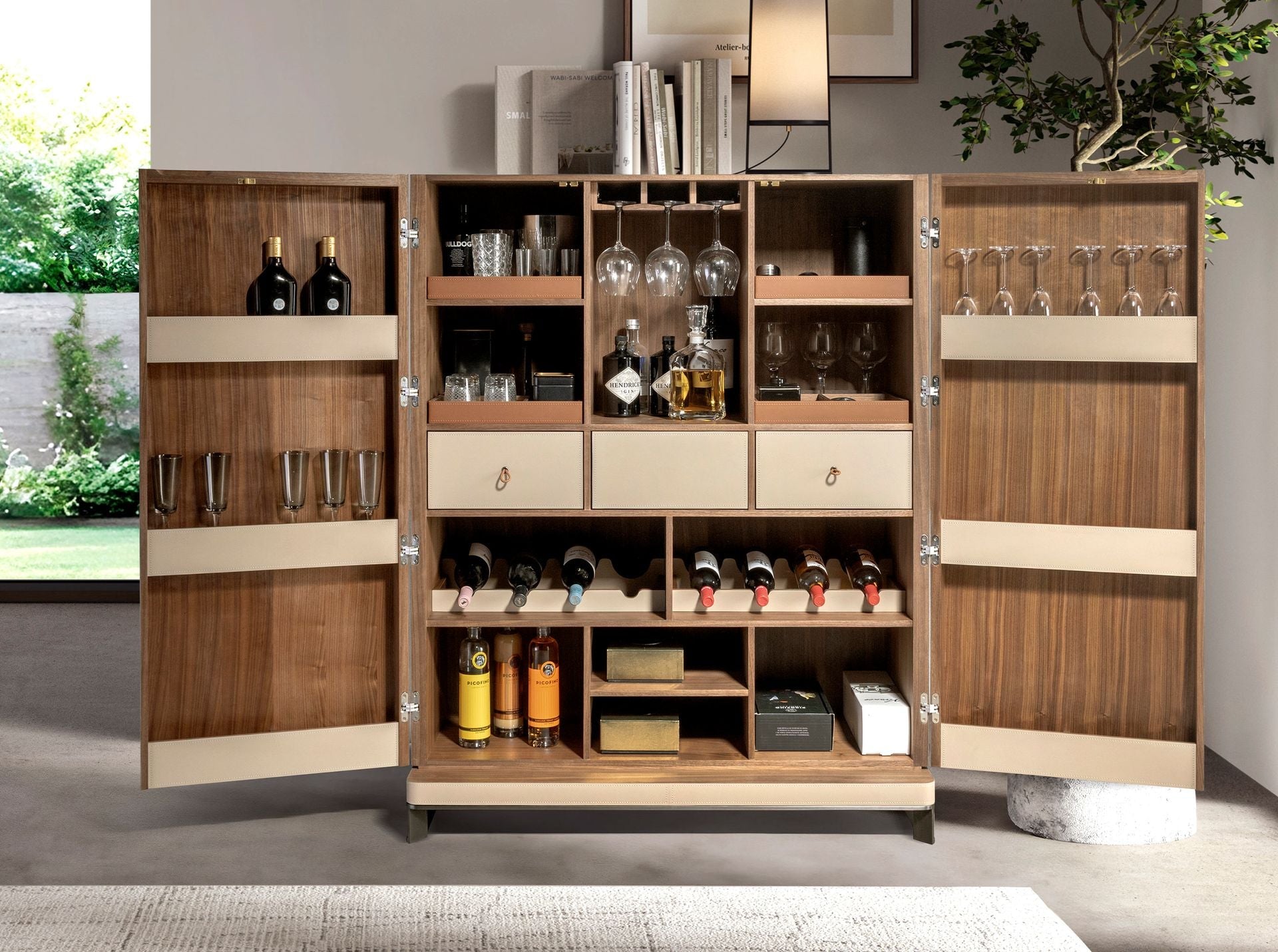 Highboard in faux leather, walnut and polished steel