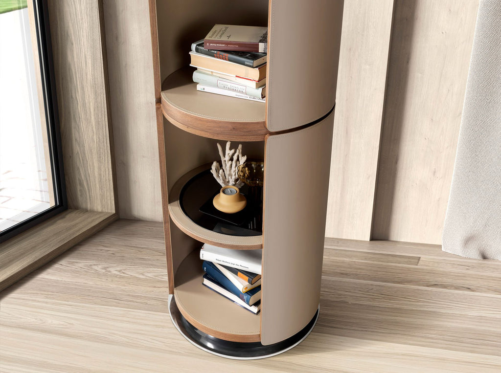 Bookshelf in walnut and mink faux leather
