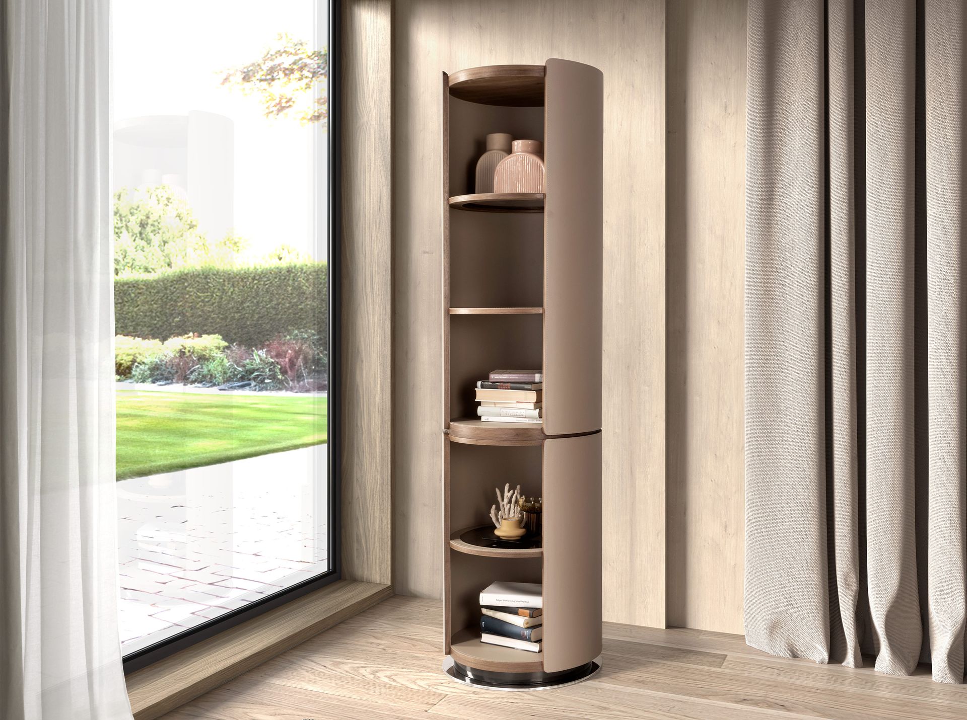 Bookshelf in walnut and mink faux leather