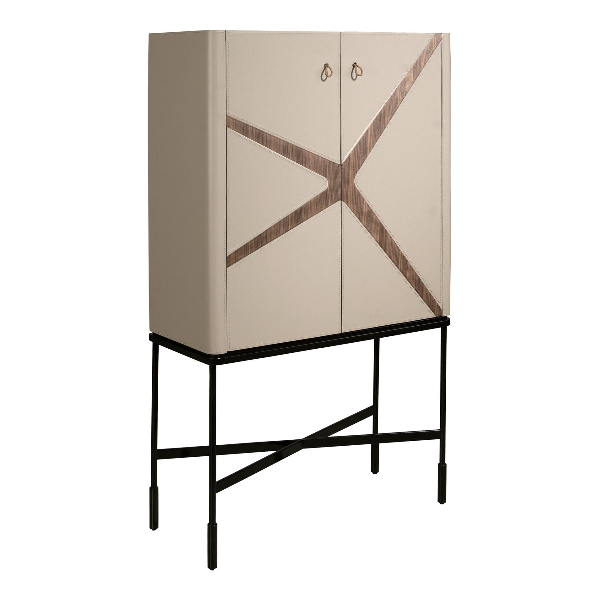 Highboard in faux leather, walnut, and black steel