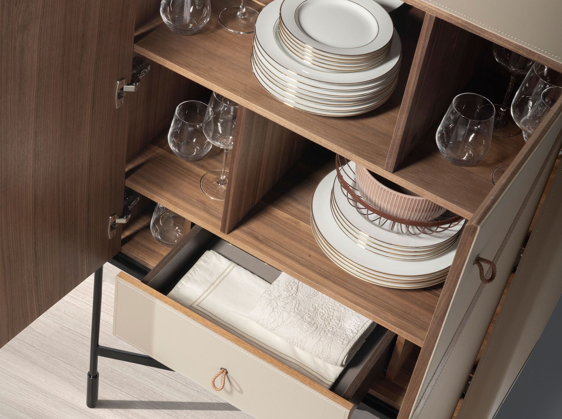 Highboard in faux leather, walnut, and black steel