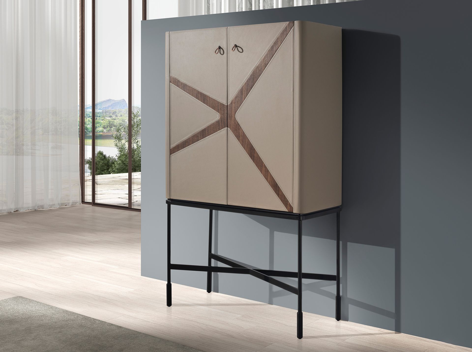 Highboard in faux leather, walnut, and black steel