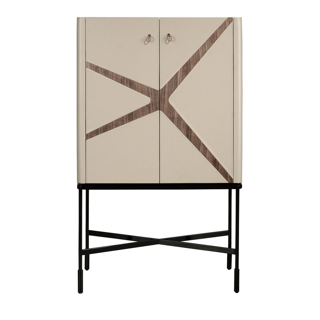 Highboard in faux leather, walnut, and black steel