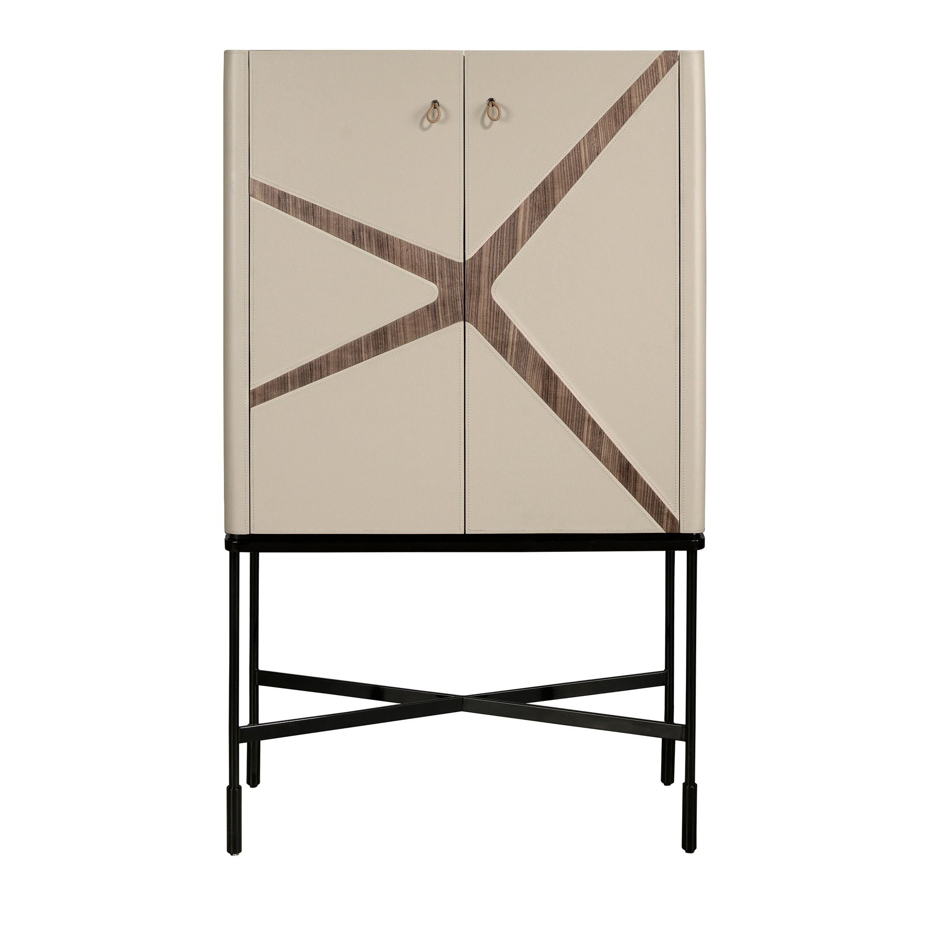 Highboard in faux leather, walnut, and black steel