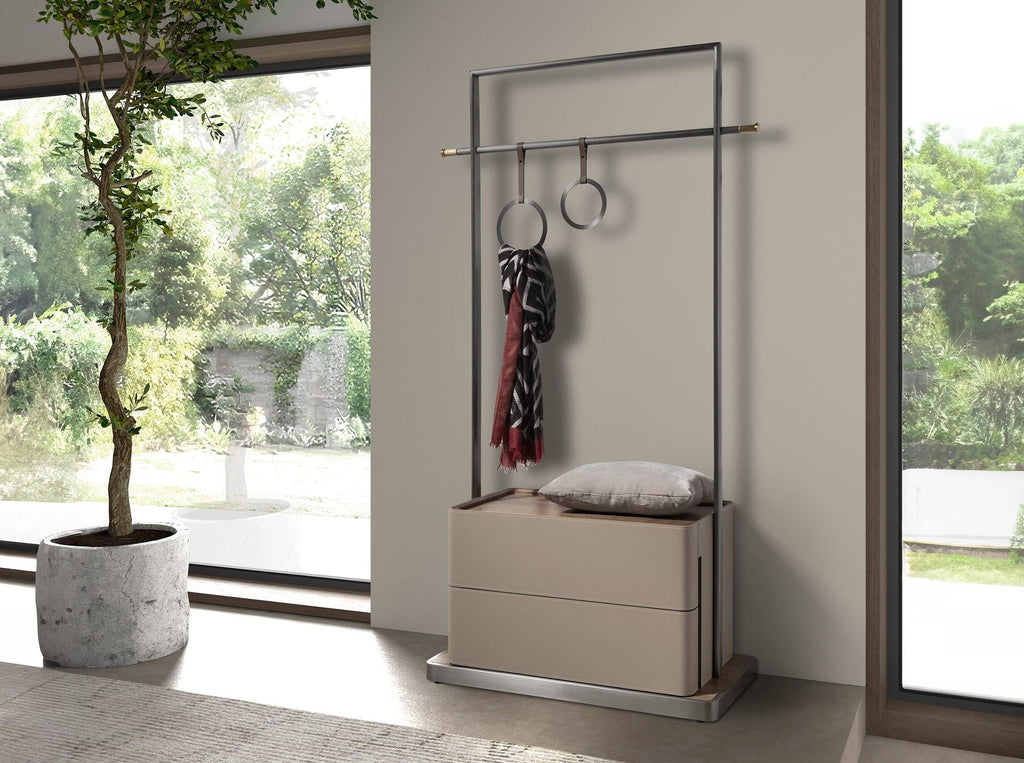 Faux mink, walnut and stainless steel coat rack