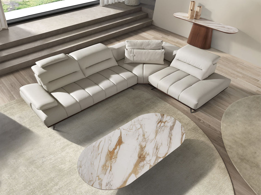 Consolle ovale semicircolare in marmo porcellanato e noce