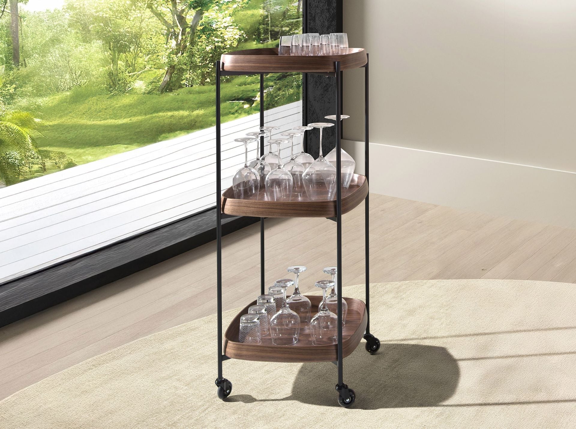 Walnut and black steel minibar trolley