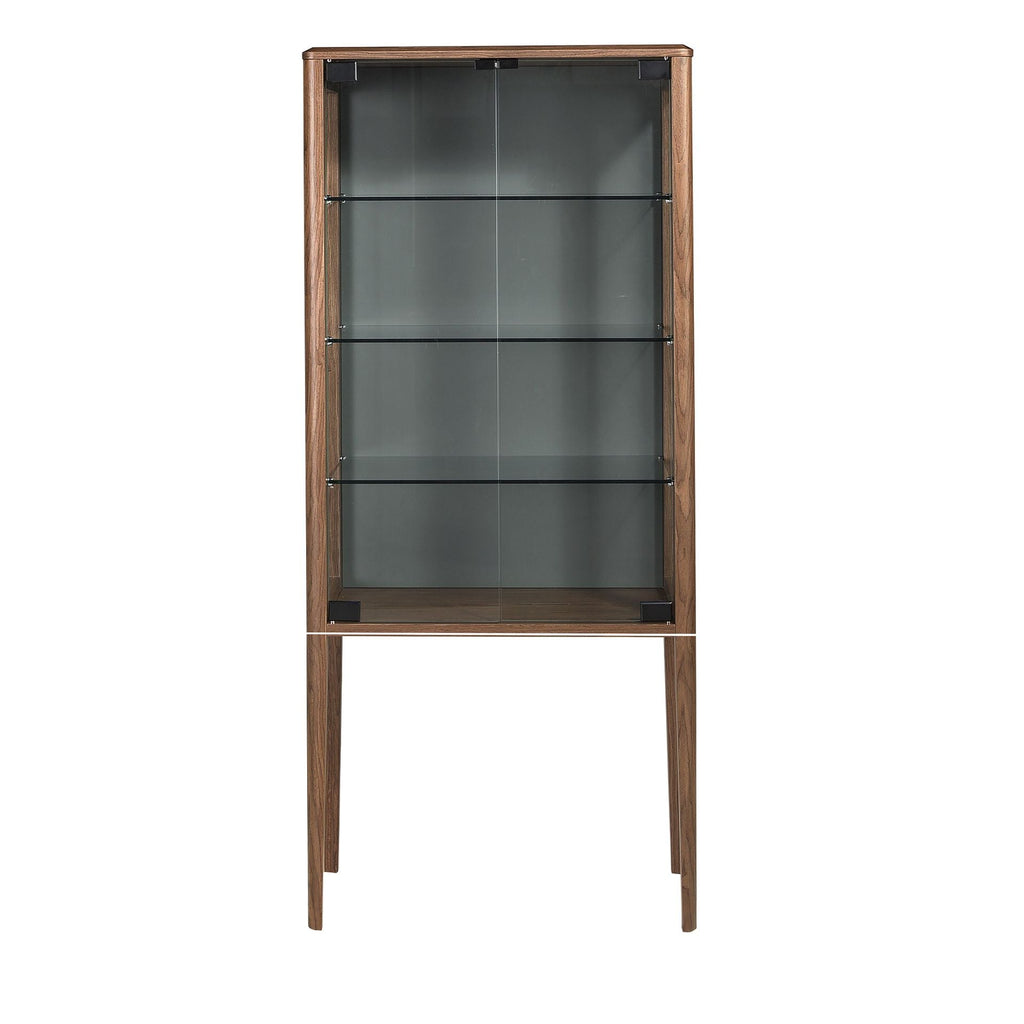 High credenza in tempered glass and walnut with internal lighting