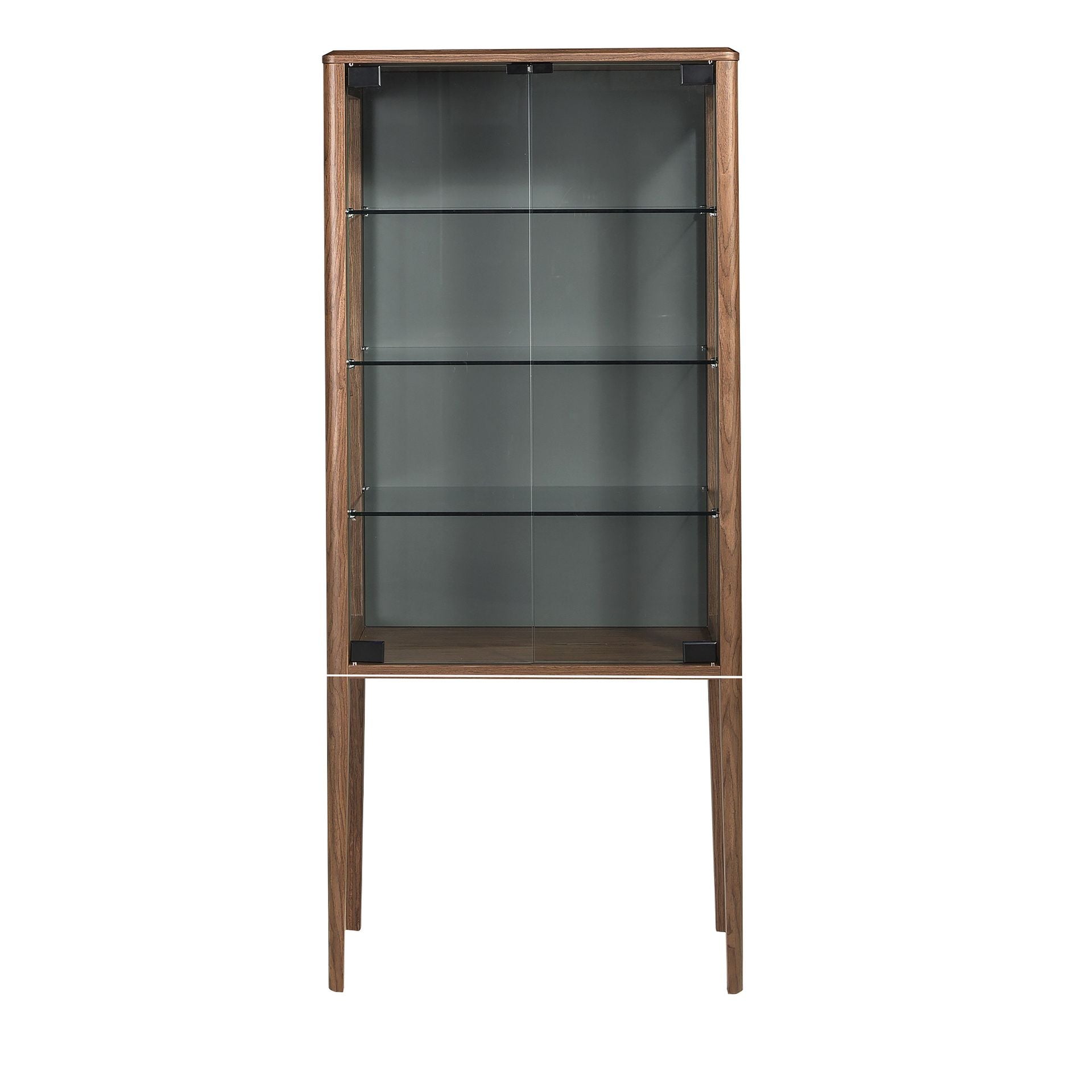 High credenza in tempered glass and walnut with internal lighting