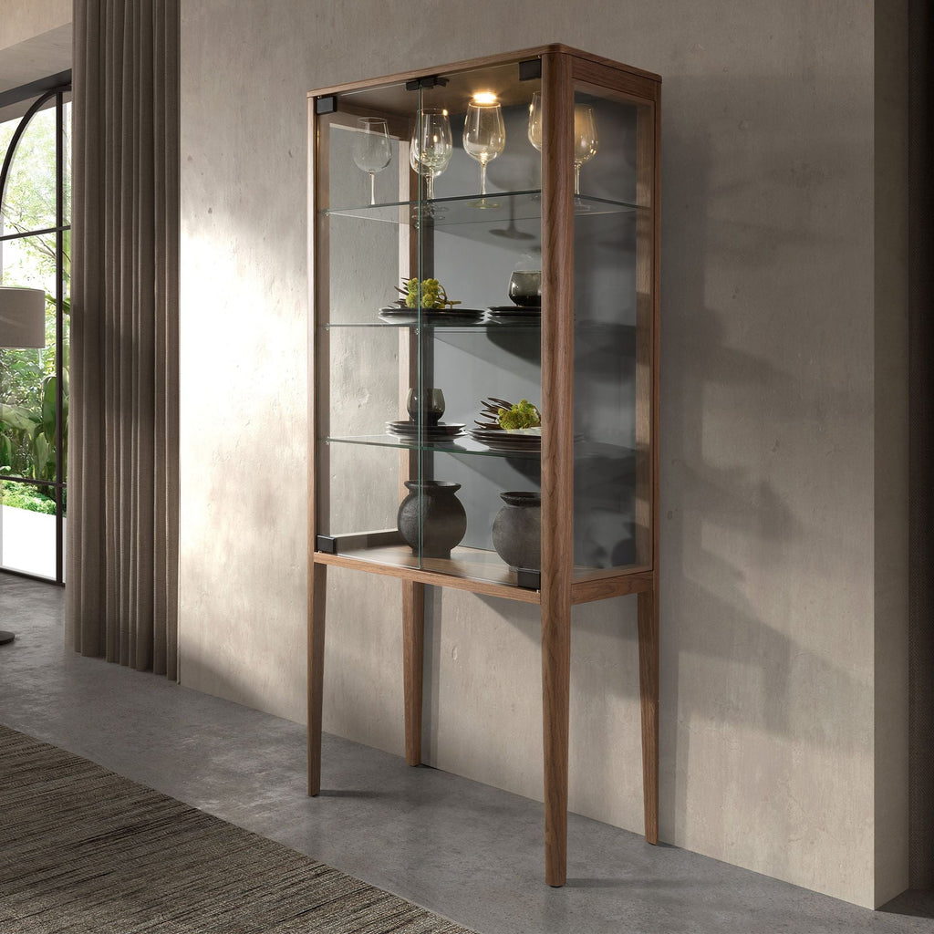 High credenza in tempered glass and walnut with internal lighting