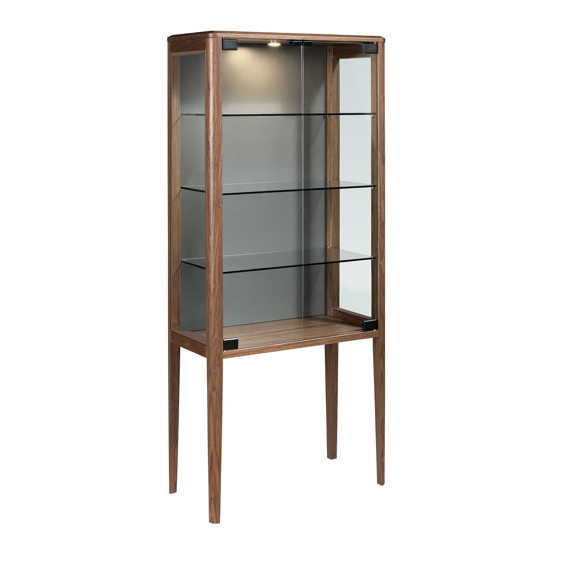 High credenza in tempered glass and walnut with internal lighting