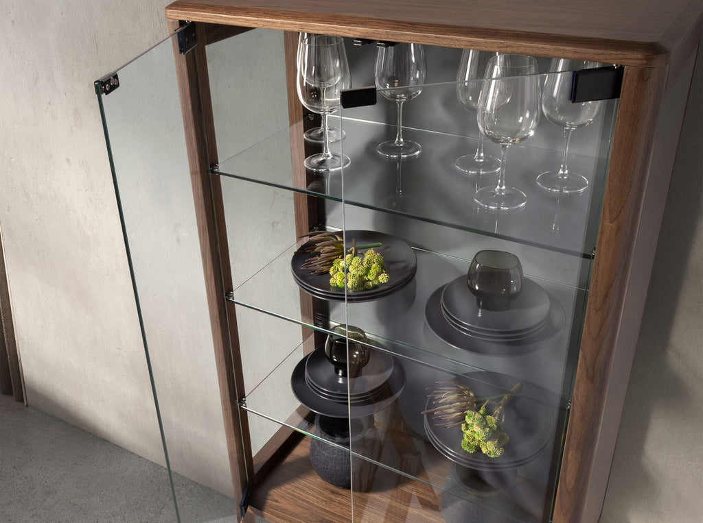 High credenza in tempered glass and walnut with internal lighting