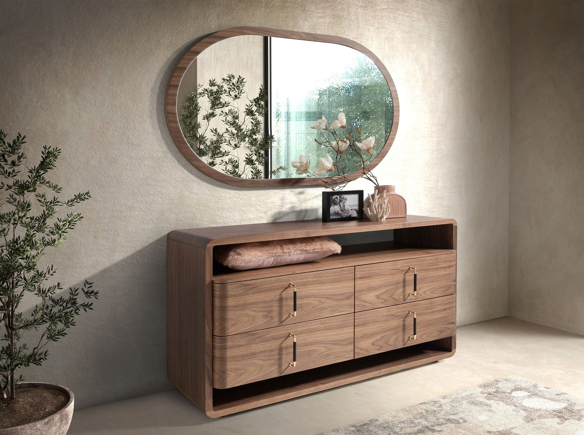 Walnut oval half-point wall mirror