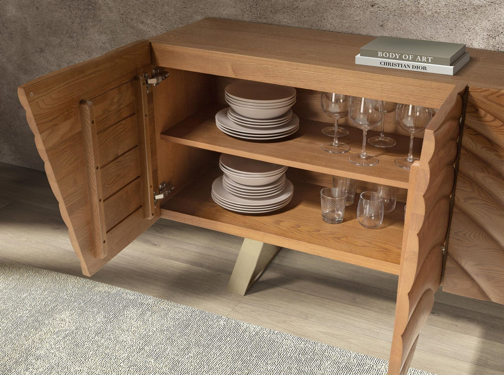 Sideboard in light walnut and polished gold-coloured steel