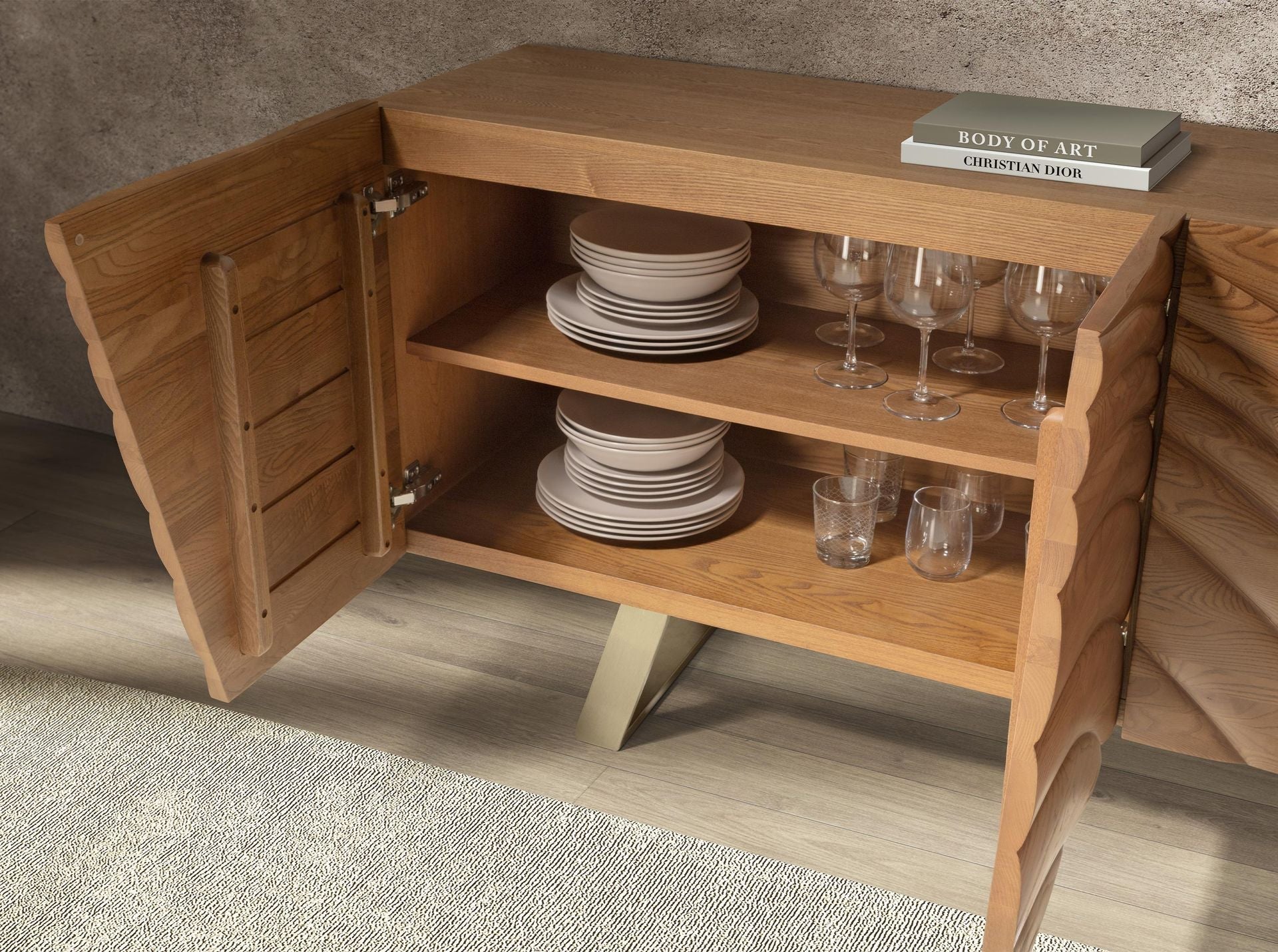 Sideboard in light walnut and polished gold-coloured steel