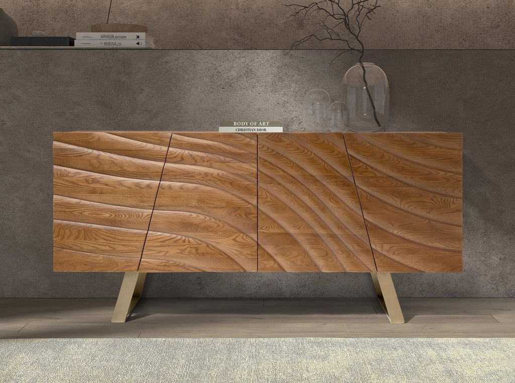 Sideboard in light walnut and polished gold-coloured steel