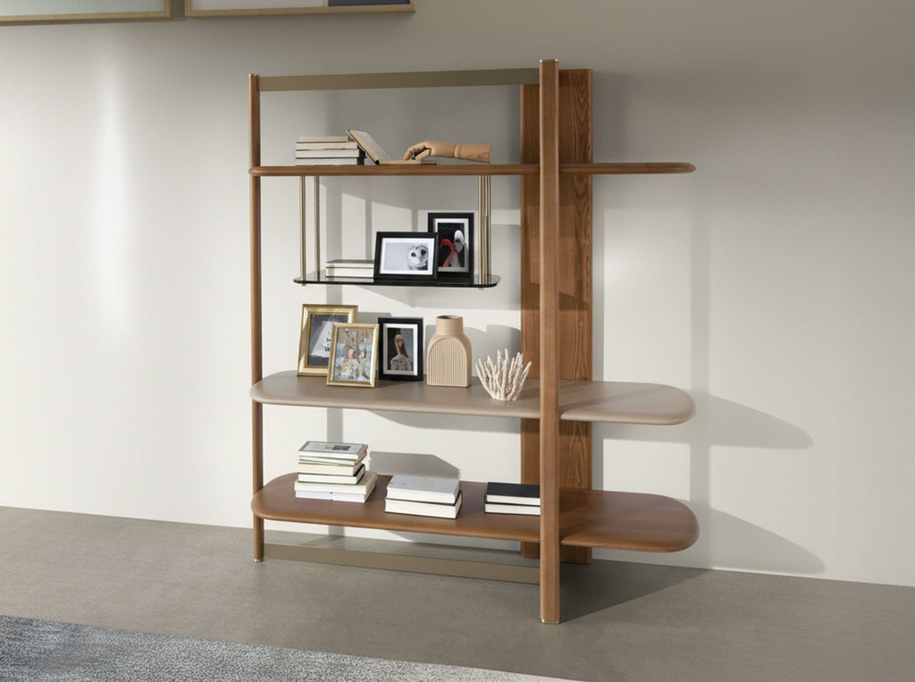 Right rectangular bookcase in light walnut and greige wood
