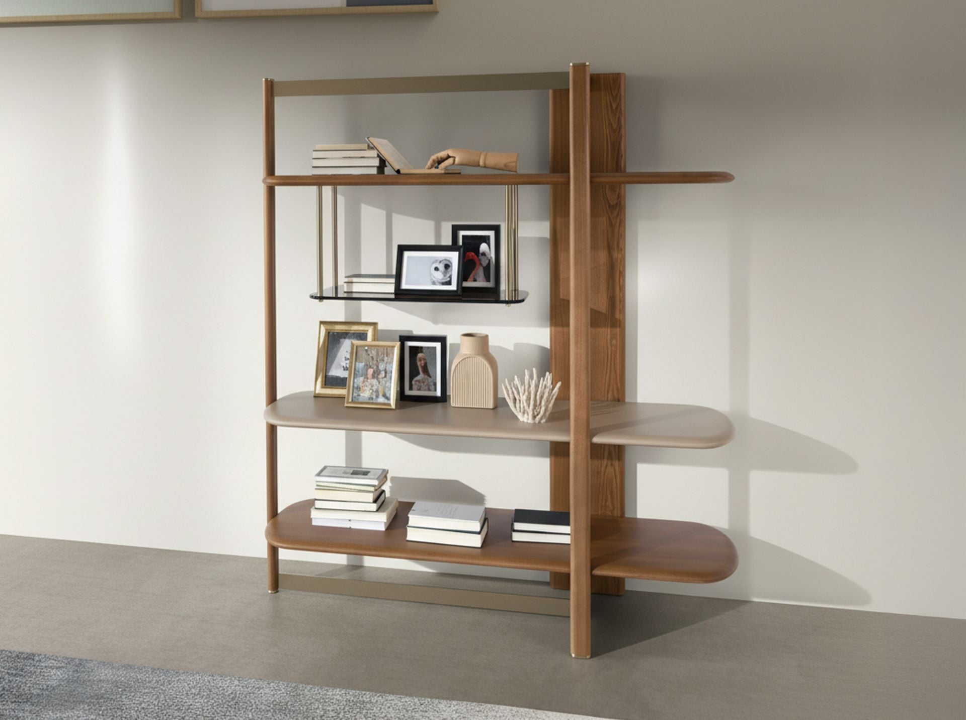 Right rectangular bookcase in light walnut and greige wood