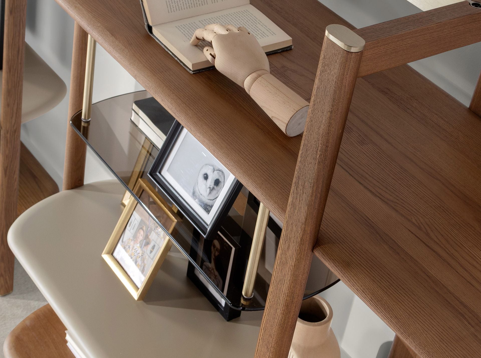 Right rectangular bookcase in light walnut and greige wood